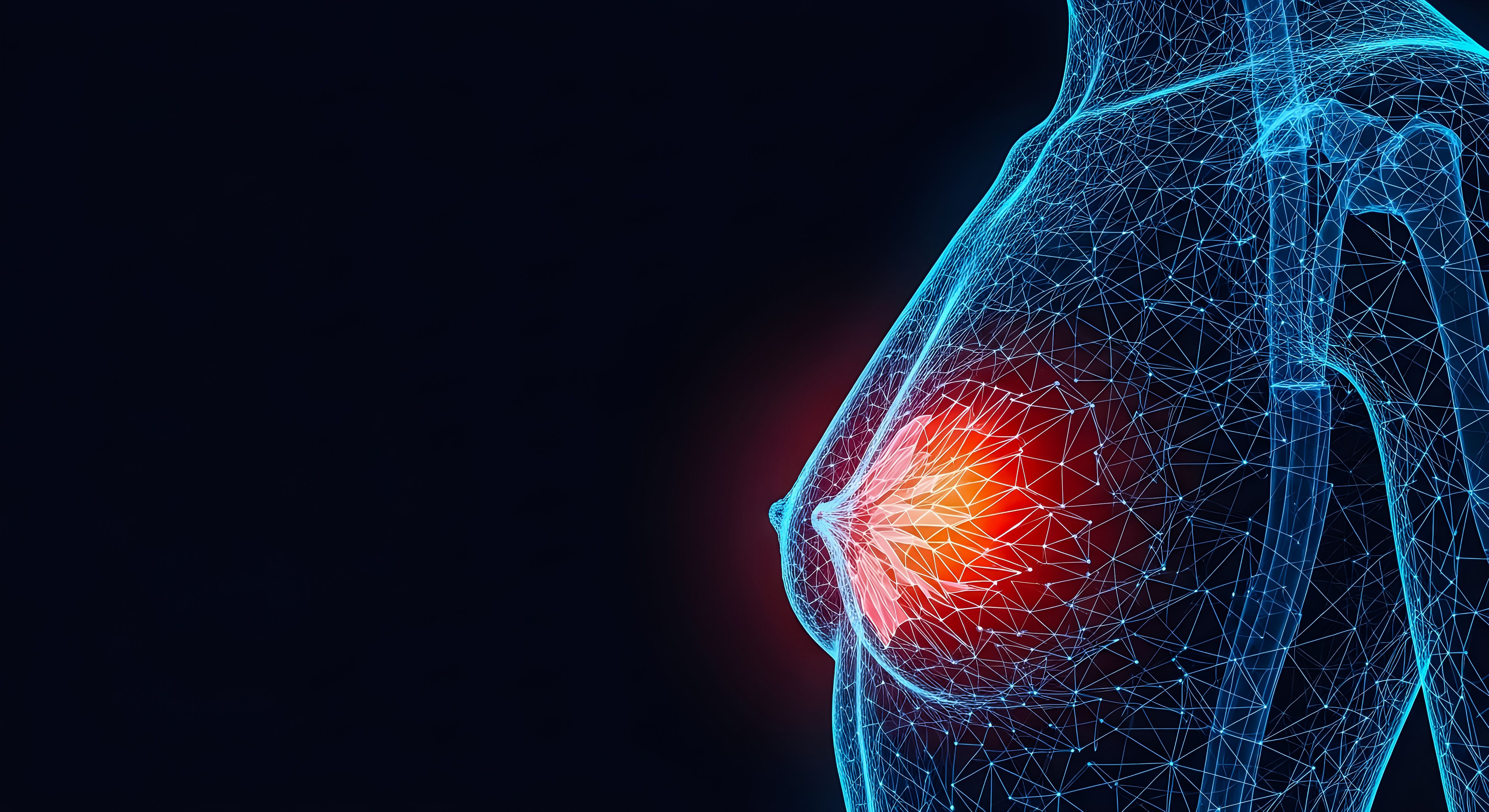 Digital representation of female anatomy highlights an area of concern within the breast structure using glowing network visualization: © Muhammad - stock.adobe.com