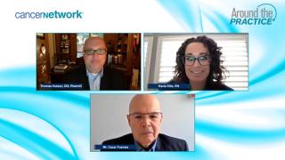 Panelists smiling at camera on a blue background.