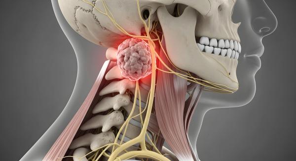 Anatomical skull and neck model with a highlighted tumor. Oncology and nerve system disorders. Illustration of a large growth or cyst located near the cervical spine and facial nerves | Image Credit: © designhunt - stock.adobe.com