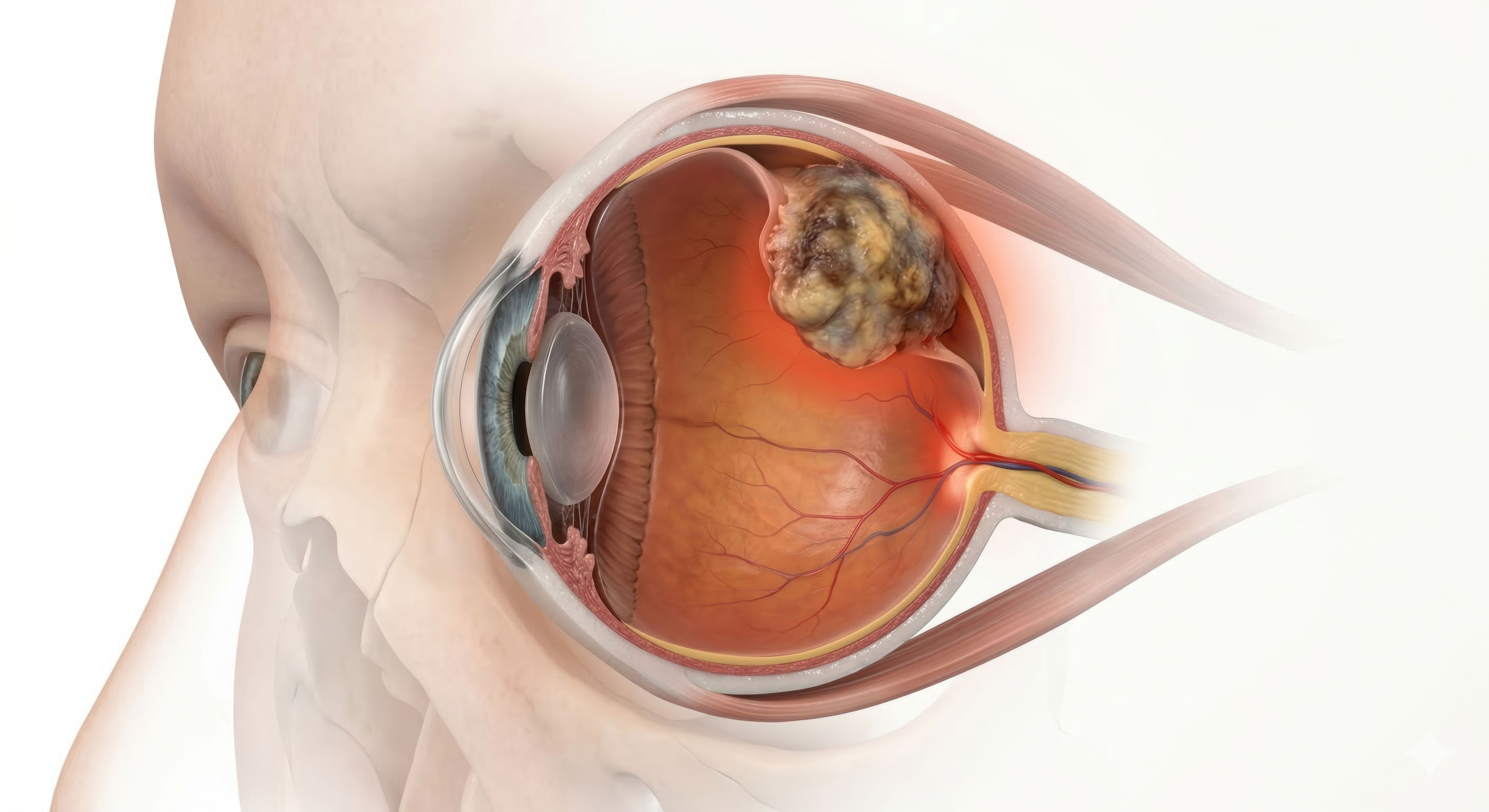 Medical visualization of primary Ocular Melanoma (uveal melanoma) showing nodular, non-homogeneous, infiltrative tumor mass arising from the choroid, clinical ophthalmology and oncology illustration: © Maryia - stock.adobe.com