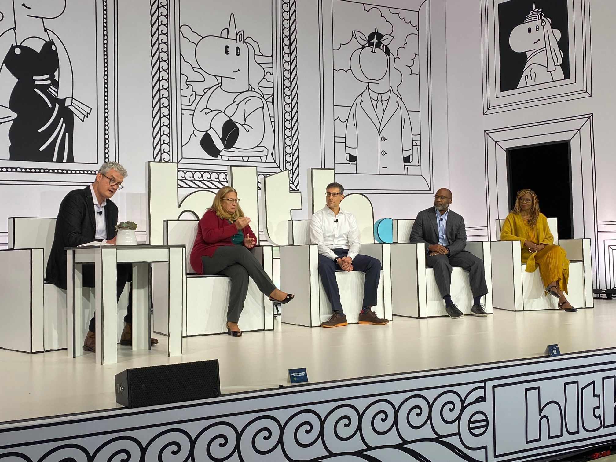 From left, moderator John MacPhee leads a discussion of digital solutions for mental health with Virna Little, Andy Haim, Vindell Washington, and Patrice A. Harris. The discussion took place Nov. 16 at the HLTH Conference in Las Vegas. (Photo: Ron Southwick)