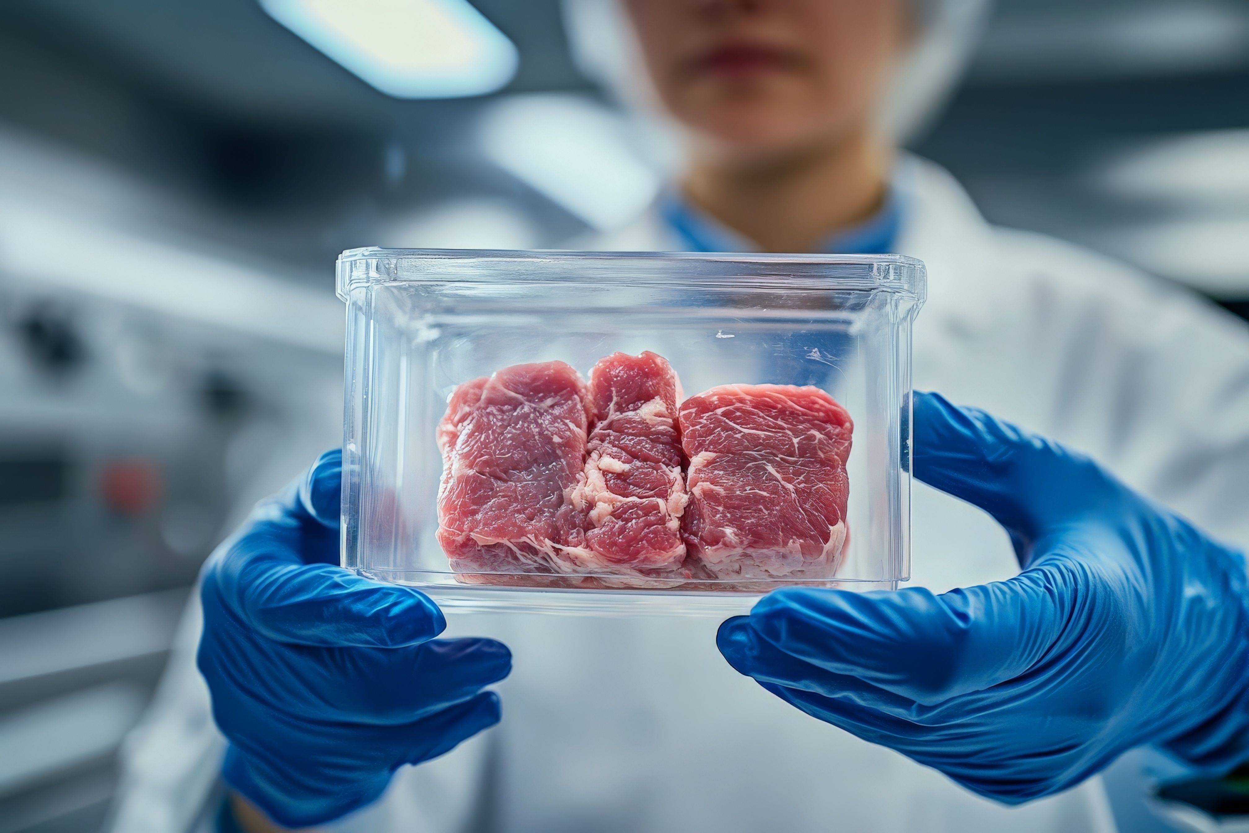 A scientist in a lab coat and blue gloves holds a clear container with pieces of raw meat, showcasing food safety and laboratory research concepts. © ChaoticMind - stock.adobe.com
