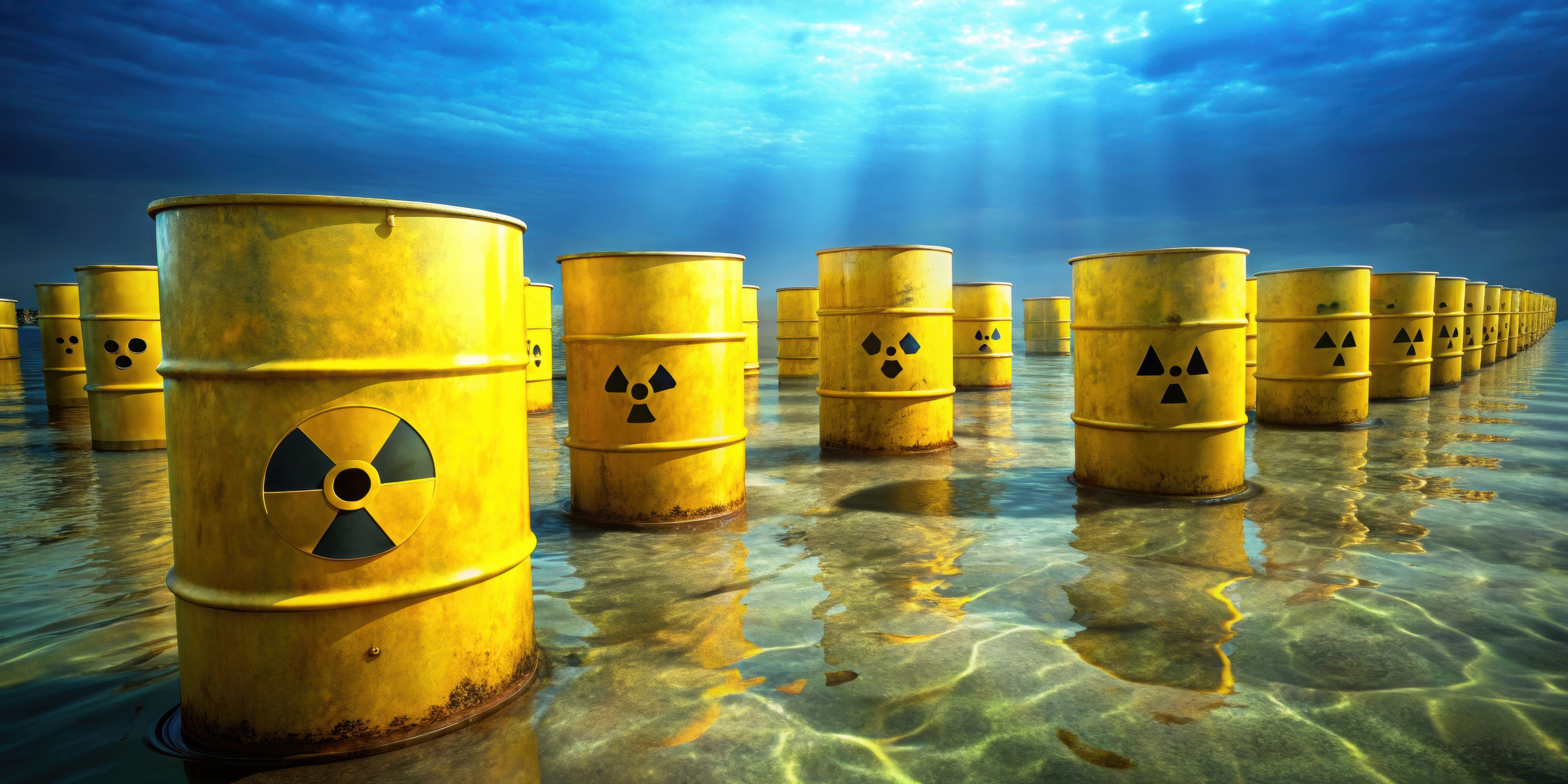Yellow radiation hazard waste barrels at the bottom of the ocean , radiation, hazard, waste, barrels, yellow. Generated by AI. | Image Credit: © lapeepon - stock.adobe.com