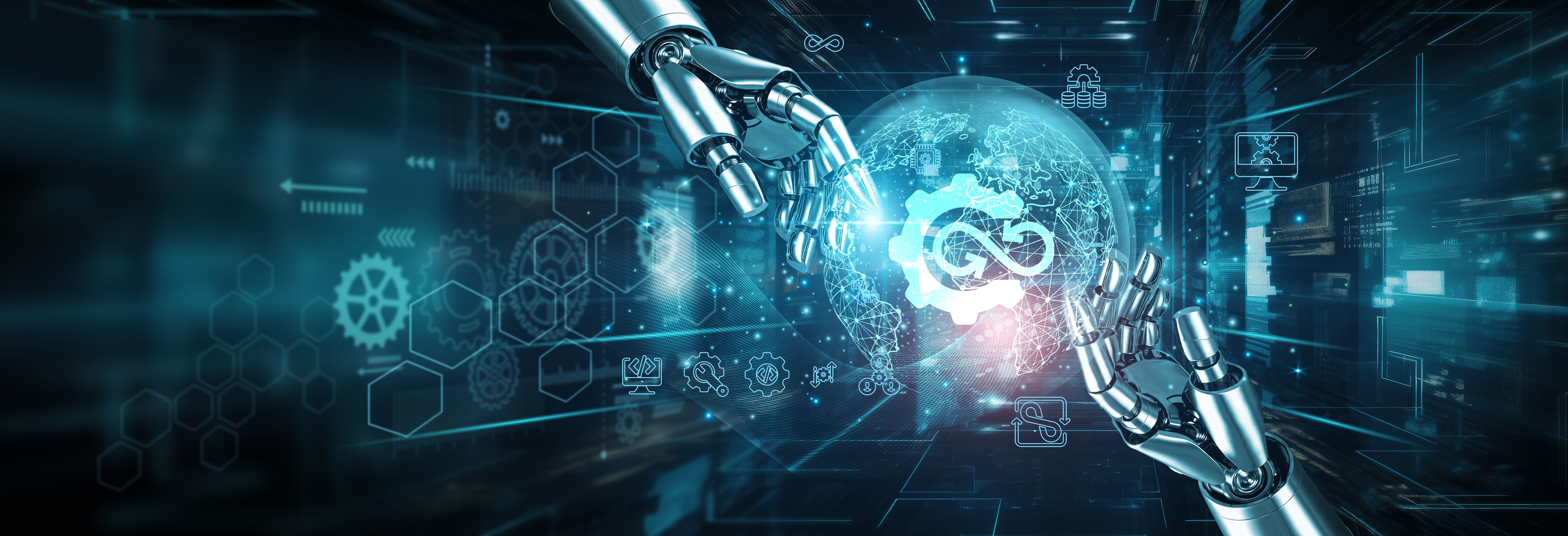 Hands of robots touching on DevOps network connection highlight robotics streamlining development and operations. DevOps ensures automation continuous integration deployment scalability monitoring. | Image Credit: © Harsha - stock.adobe.com.