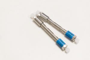 HPLC 50 mm columns on the table in the laboratory. Fast high performance liquid chromatography analysis in a chemical and microbiological laboratory.