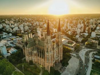 Cathedral of Jesus, La plata, aerial top view on rooftop. Church architecture on sunset © IBRESTER - stock.adobe.com