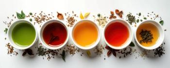 Assortment of six different types of tea in white ceramic cups. Colorful brewed teas with tea leaves. Variety of tastes, flavors. Healthy beverages displayed on white background. Collection of © miss irine - stock.adobe.com