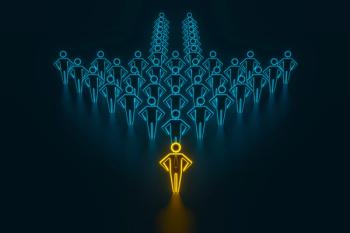 Concept leader of the business team indicates the direction of the movement towards the goal. Crowd of blue men goes for the leader of the gold color. 3D rendering | Image Credit: © Dezaypro gmail com - stock.adobe.com