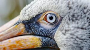 A close up of a pelican's eye and beak, highlighting intricate textures and vibrant details. © Ghulam Siddique - stock.adobe.com