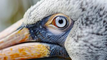 A close up of a pelican's eye and beak, highlighting intricate textures and vibrant details. © Ghulam Siddique - stock.adobe.com