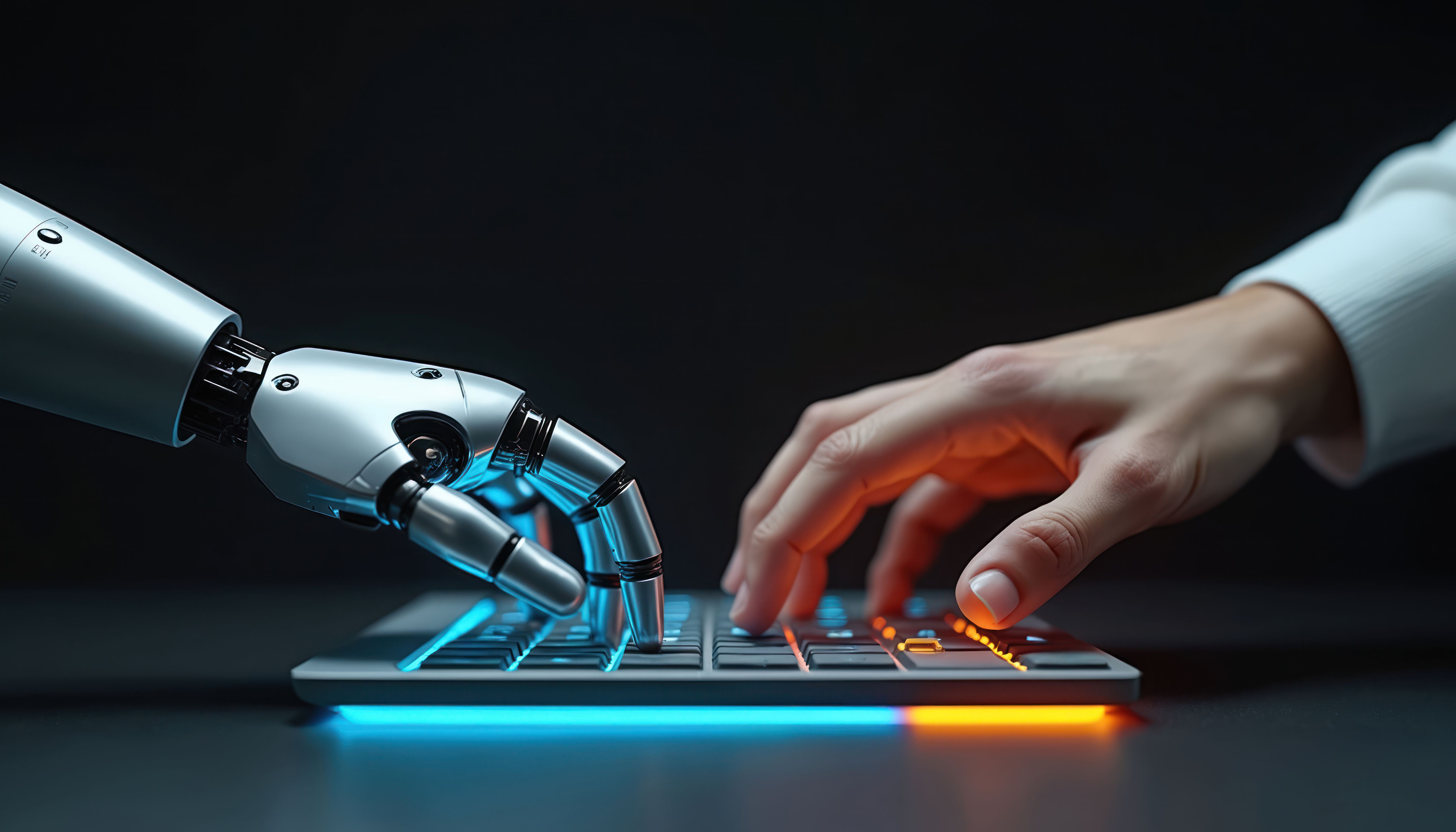 Robot, human hand typing on futuristic glowing keyboard. AI interacts with humans. Concept of modern tech industry. Partnership, collaboration on innovations, synergy, machine learning, automate | Image Credit: © Viktor - stock.adobe.com.