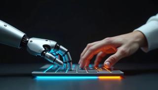 Robot, human hand typing on futuristic glowing keyboard. AI interacts with humans. Concept of modern tech industry. Partnership, collaboration on innovations, synergy, machine learning, automate | Image Credit: © Viktor - stock.adobe.com.