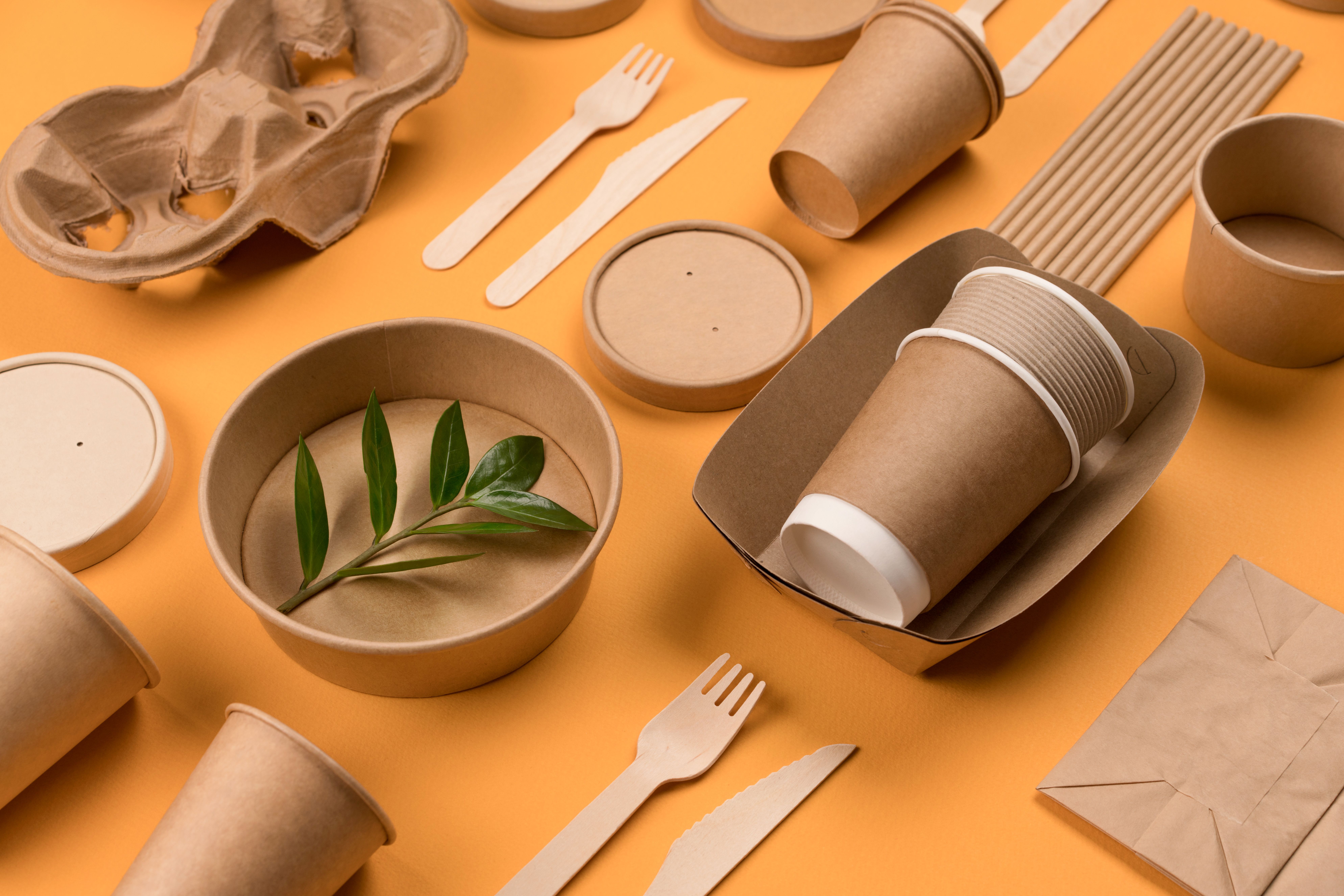 Eco-friendly tableware - kraft paper food packaging on orange background. Street food paper packaging, recyclable paperware, zero waste packaging concept. Flat lay, mockup image | Image Credit: © Iryna Mylinska - stock.adobe.com
