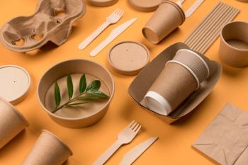 Eco-friendly tableware - kraft paper food packaging on orange background. Street food paper packaging, recyclable paperware, zero waste packaging concept. Flat lay, mockup image | Image Credit: © Iryna Mylinska - stock.adobe.com