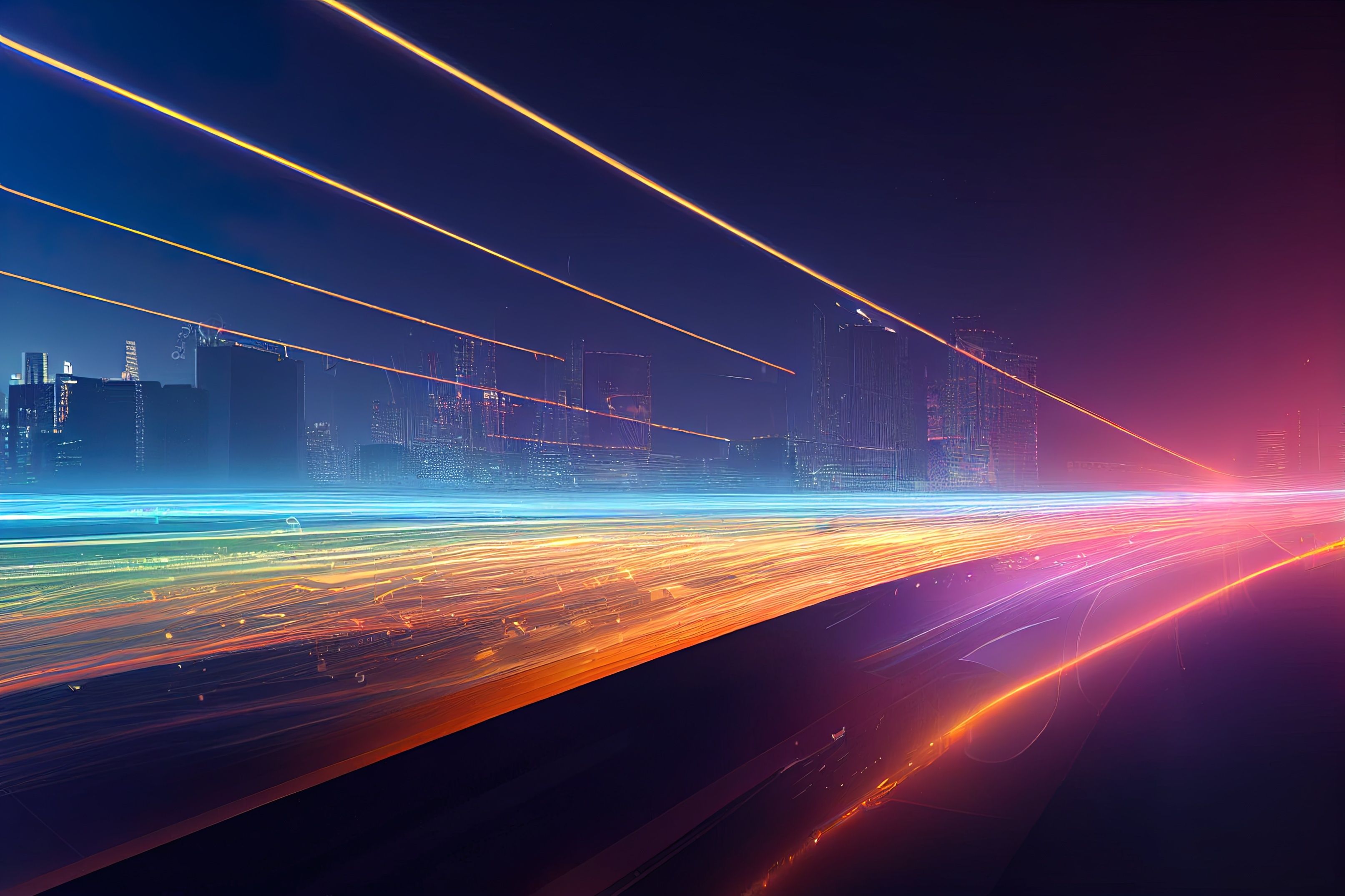 cityscape with a road in rainbow colors in front it, symbolizing innovation and progress