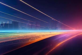 cityscape with a road in rainbow colors in front it, symbolizing innovation and progress