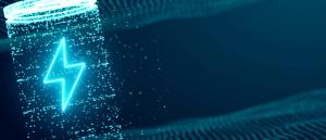 Lithium ion battery starts recharging electric energy supply, fast charging technology concept, abstract futuristic 3d rendering illustration digital cyberspace particle