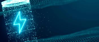 Lithium ion battery starts recharging electric energy supply, fast charging technology concept, abstract futuristic 3d rendering illustration digital cyberspace particle