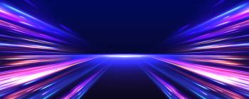 Vector glitter light fire flare trace. Abstract image of speed motion on the road. Dark blue abstract background with ultraviolet neon glow, blurry light lines, waves | Image Credit: © ikril - stock.adobe.com