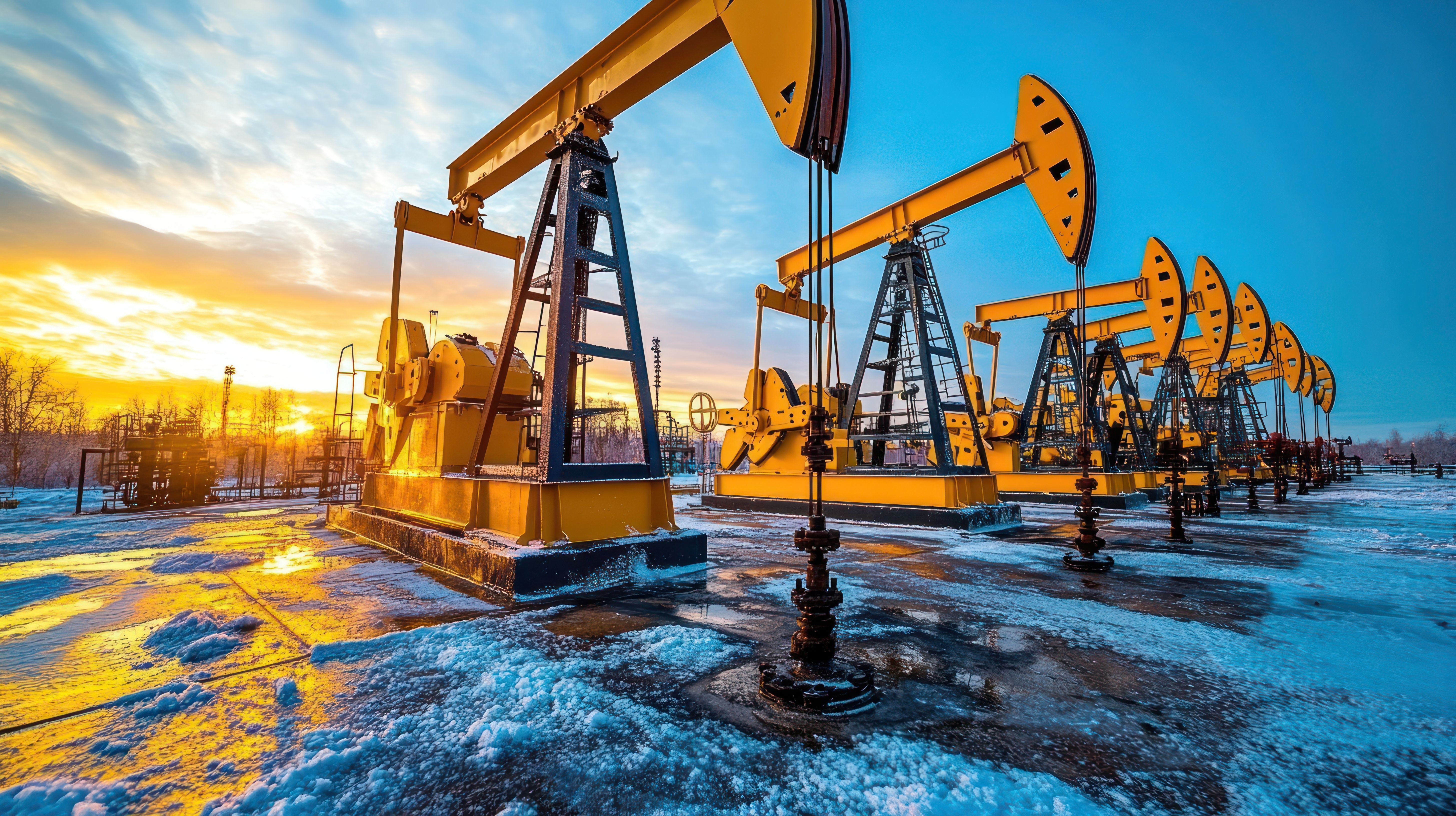 Oil rigs in a snowy field at sunset © arsyi_06 - stock.adobe.com