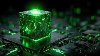 A glowing green cube sits atop a detailed circuit board, symbolizing advanced technology and artificial intelligence. | Image Credit: © PengAI - stock.adobe.com.