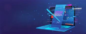 Conclusion of a transaction online with a digital signature. Remote business concept. Electronic signature and high level of security. Notebook and images of a contract hologram for signature.