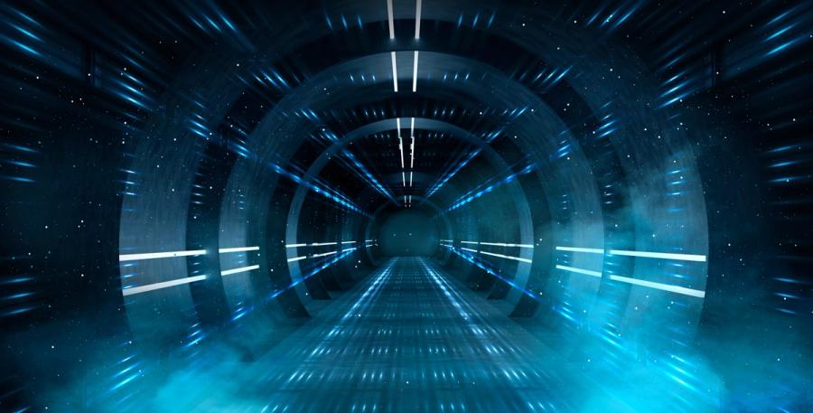 Abstract tunnel, corridor with rays of light and new highlights. Abstract blue background, neon. Scene with rays and lines, Round arch, light in motion, night view. | Image Credit: MiaStendal - stock.adobe.com