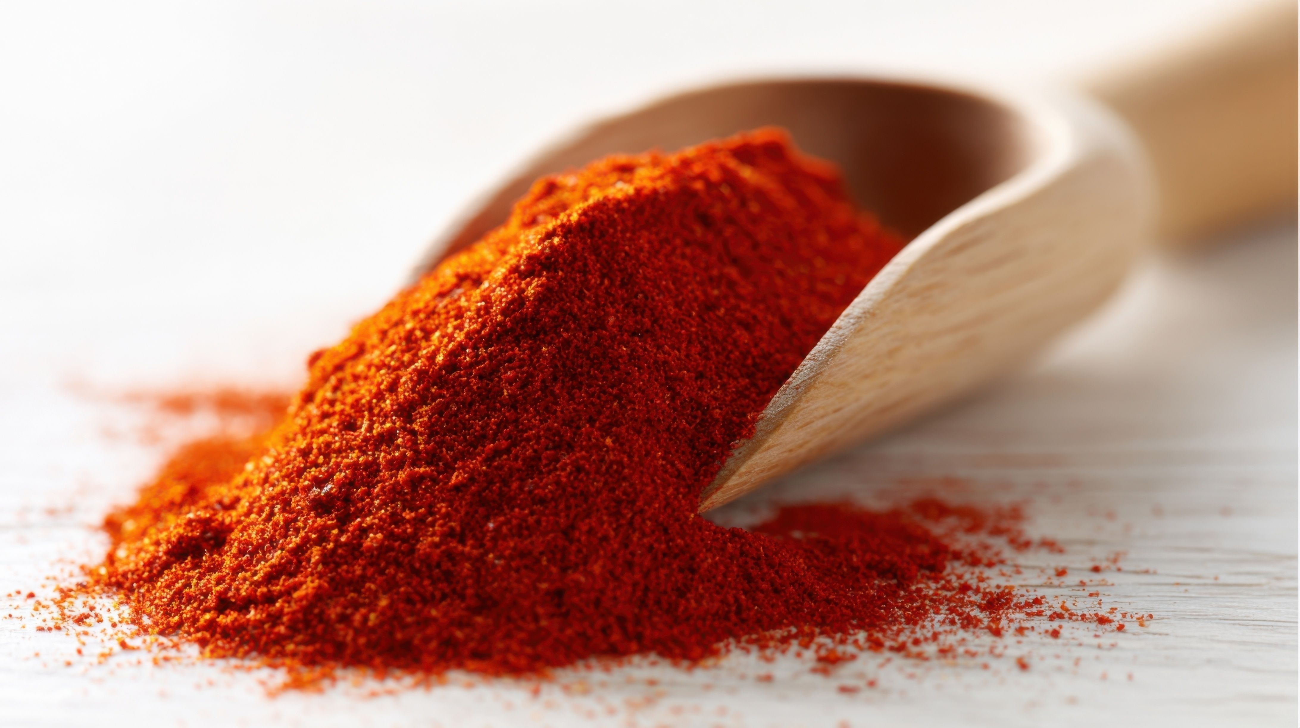 Close-up of vibrant red chili powder in wooden scoop on white surface with loose powder scattered. | Image Credit: © AI Images - stock.adobe.com.