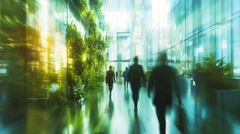 Abstract long exposure motion crowd business people walking commercial centre corporate green office in modern city lobby. Green sustainability natural light indoor plants garden environment. | Image Credit: © Vicky - stock.adobe.com