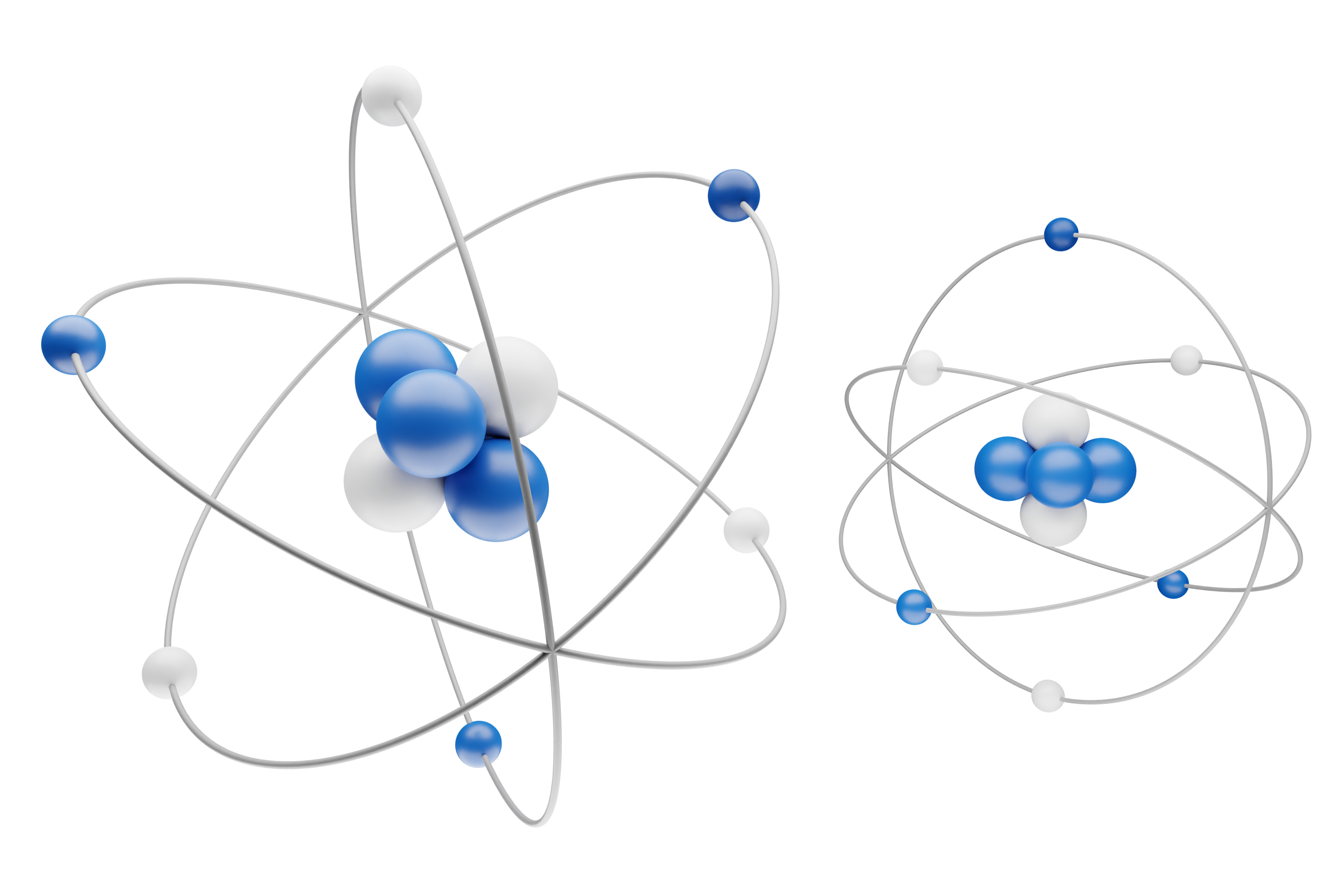 Scientific models of two atoms with nucleus, electrons, protons and neutrons orbiting in a circular path, isolated on transparent or white background | Image Credit: © MikeCS images - stock.adobe.com