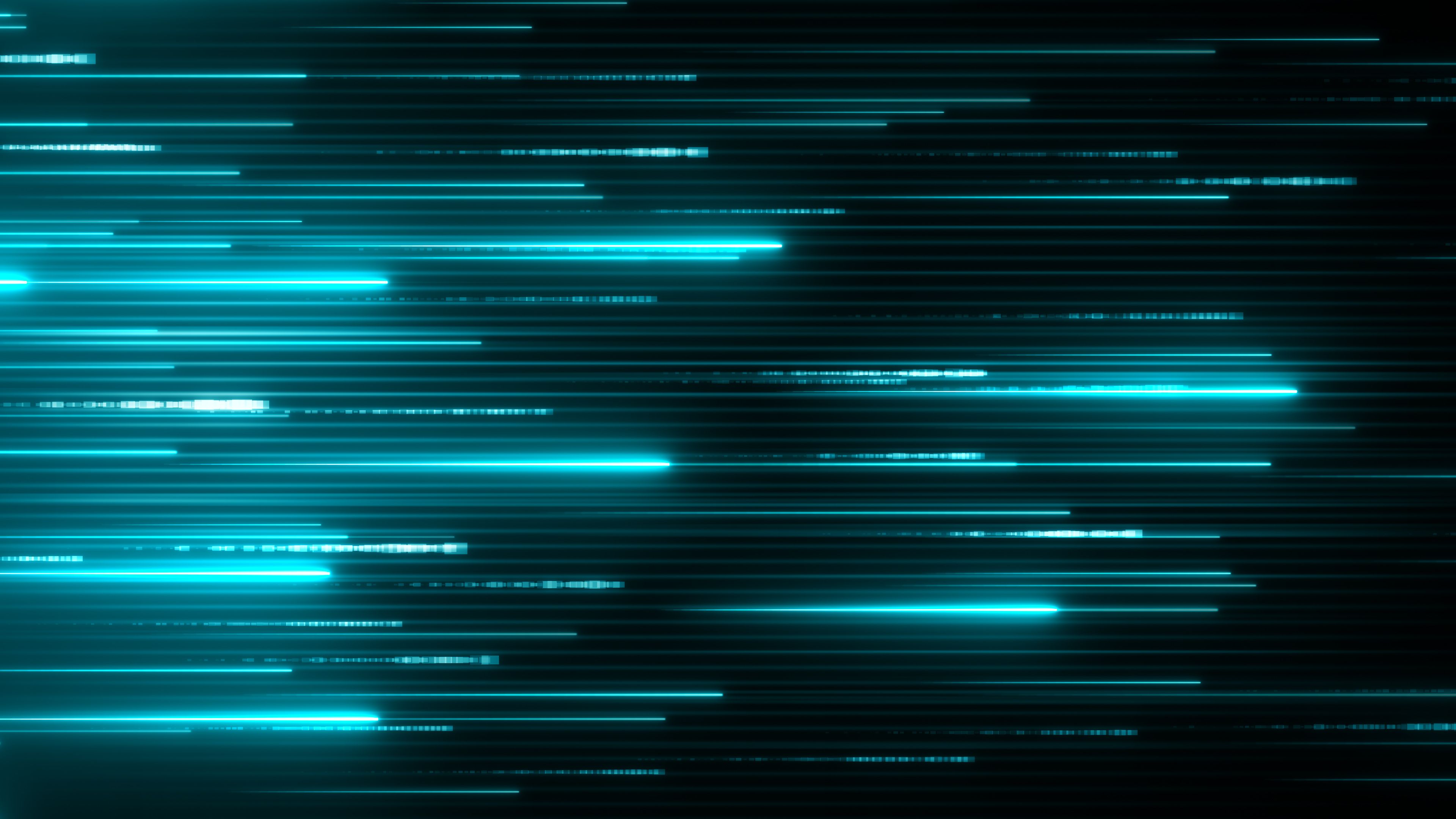 Horizontal neon beams. Blue technology background. Abstract program code moving in a cyberspace.