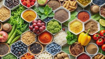 Close-up of various healthy foods with chemical structures of additives overlaid on top, healthy, food, chemistry | Image Credit: © Udomner - stock.adobe.com.