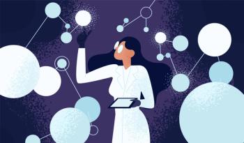 Female scientist in lab coat checking artificial neurons connected into neural network. Computational neuroscience, machine learning, scientific research. Vector illustration in flat cartoon style. © Good Studio - stock.adobe.com