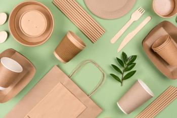 Eco-friendly tableware - kraft paper food packaging on light green background. Street food paper packaging, recyclable paperware, zero waste packaging concept. Flat lay | Image Credit: © Iryna Mylinska - stock.adobe.com