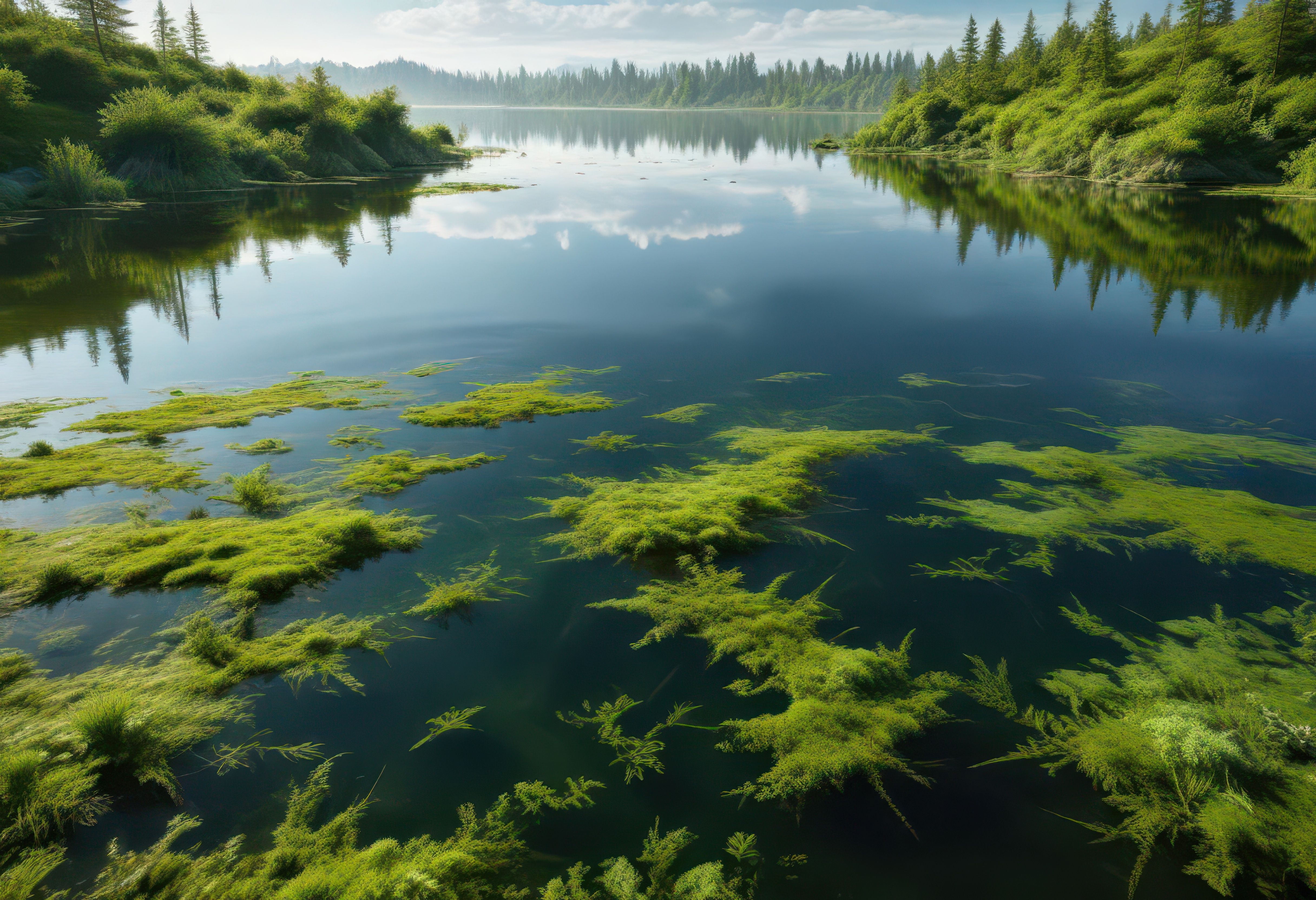 Dense green algae bloom covering lake surface, aquatic plant, surface, lake © Kathy - stock.adobe.com
