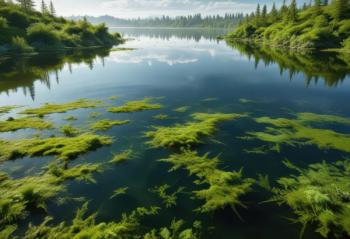 Dense green algae bloom covering lake surface, aquatic plant, surface, lake © Kathy - stock.adobe.com