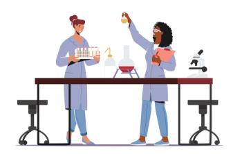 Scientist Female Characters in Coat Conduct Experiment in Scientific Laboratory. Women Chemists Conduct Investigation | Image Credit: © Anna Syvak - stock.adobe.com.