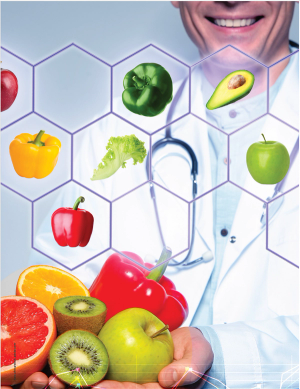 Nutritionist with fresh products on light background and images of different vegetables and fruits, closeup. Healthy eating | Image Credit: © New Africa - stock.adobe.com