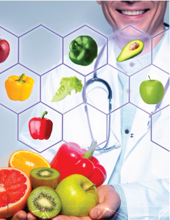 Nutritionist with fresh products on light background and images of different vegetables and fruits, closeup. Healthy eating | Image Credit: © New Africa - stock.adobe.com