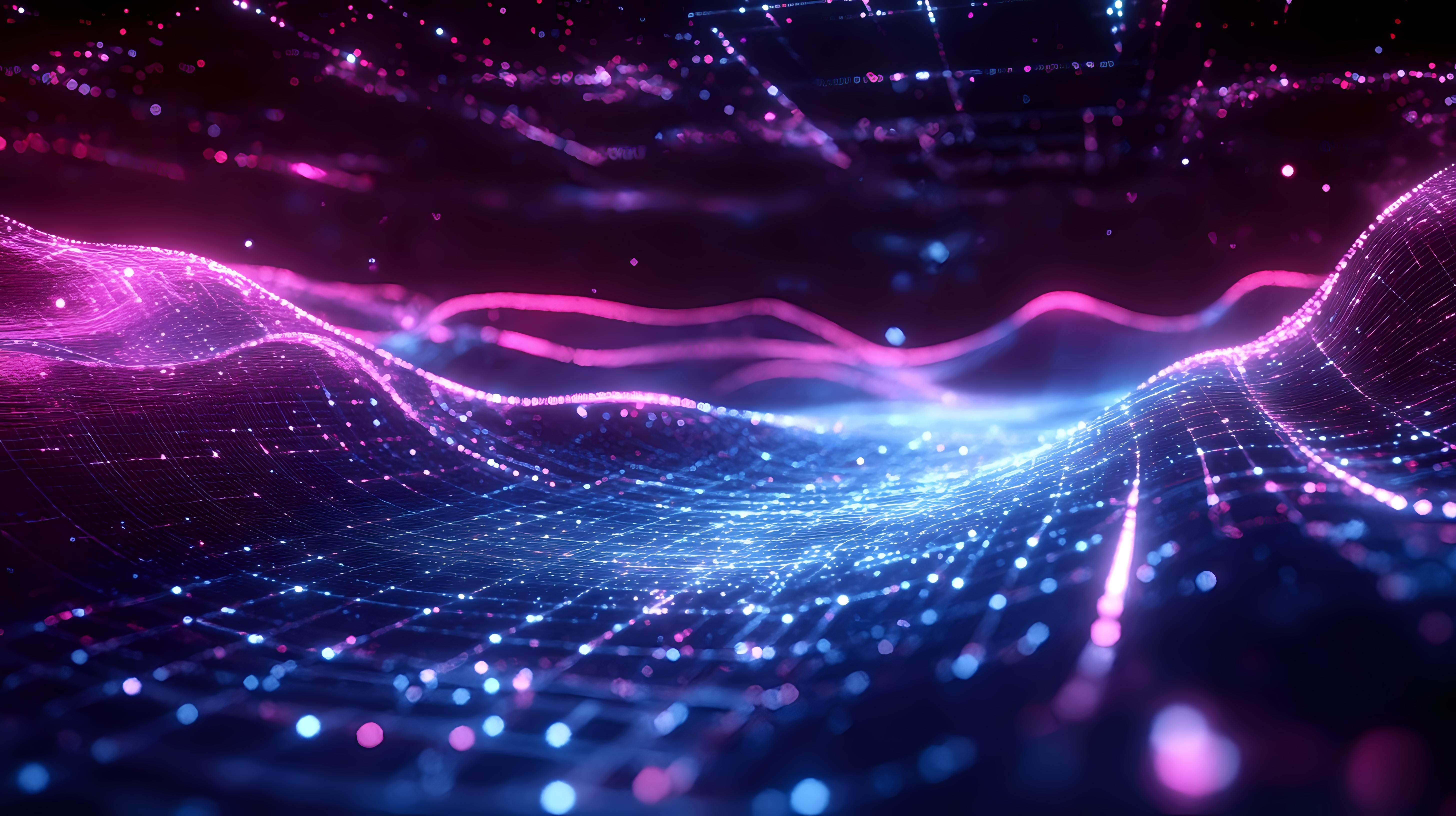 Dynamic particle waves flowing through a cyber grid, neon hologram effects with deep purples and blues for a futuristic technology vibe  | Image Credit: © afrah - stock.adobe.com.