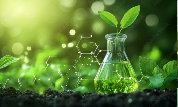 Green plant growing in a beaker with a green liquid with blurred green background and a chemnical structure overlay. Generated by AI. Credit: - © Fitryani - stock.adobe