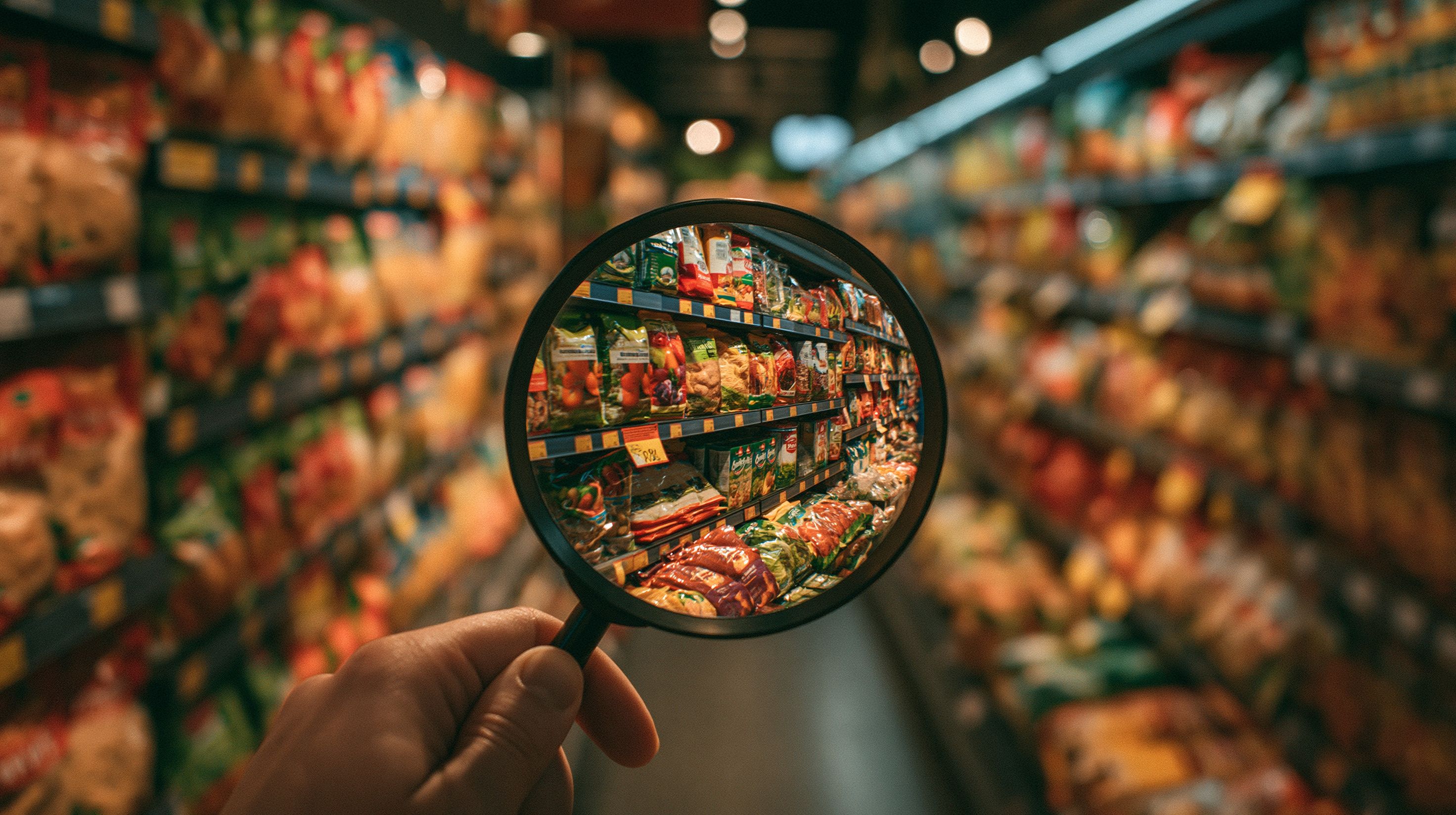 Supermarket Shelf Scrutiny: A magnifying glass reveals detailed products on a brightly lit supermarket aisle, highlighting the abundance of goods available for consumers. | Image Credit: © pattozher - stock.adobe.com.