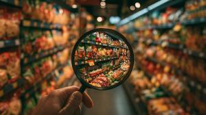 Supermarket Shelf Scrutiny: A magnifying glass reveals detailed products on a brightly lit supermarket aisle, highlighting the abundance of goods available for consumers. | Image Credit: © pattozher - stock.adobe.com.
