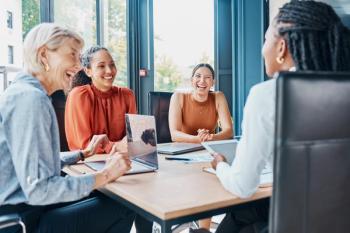 Laughing, planning business and women in a meeting for strategy, teamwork and a workforce team. Happy, office and diversity with people at work for a corporate collaboration and coworking together © Oostendorp/peopleimages.com - stock.adobe.com