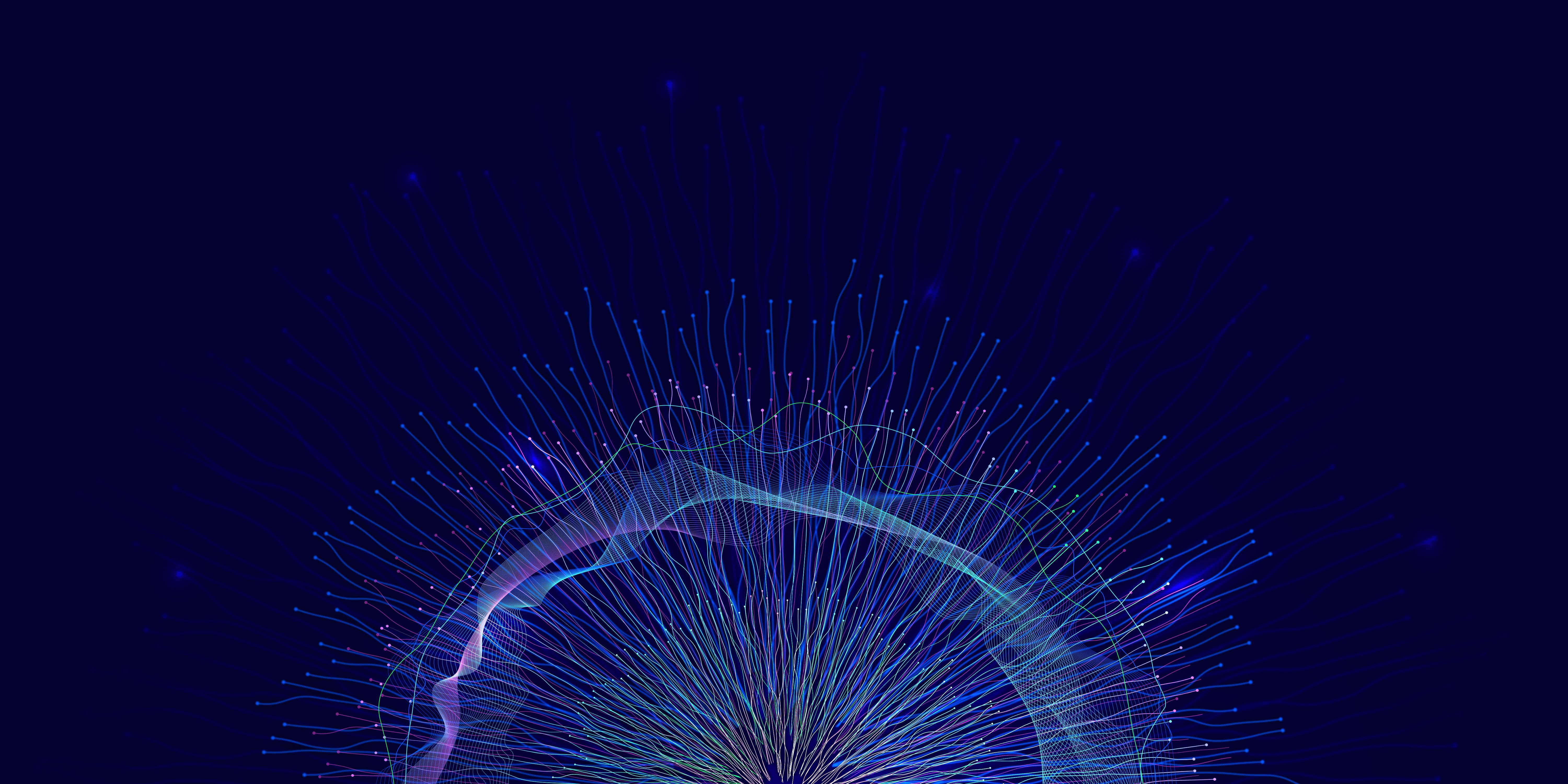 Abstract flying dragons on a dark blue background. Technological background for design on the topic of artificial intelligence, neural networks, big data | Image Credit: © LariBat - stock.adobe.com