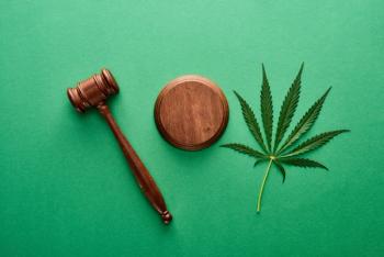 gavel and hemp leaf on green background