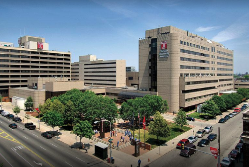 Temple University Hospital campus. Boyer Pavilion is on the left side, and Rock Pavilion is on the right.