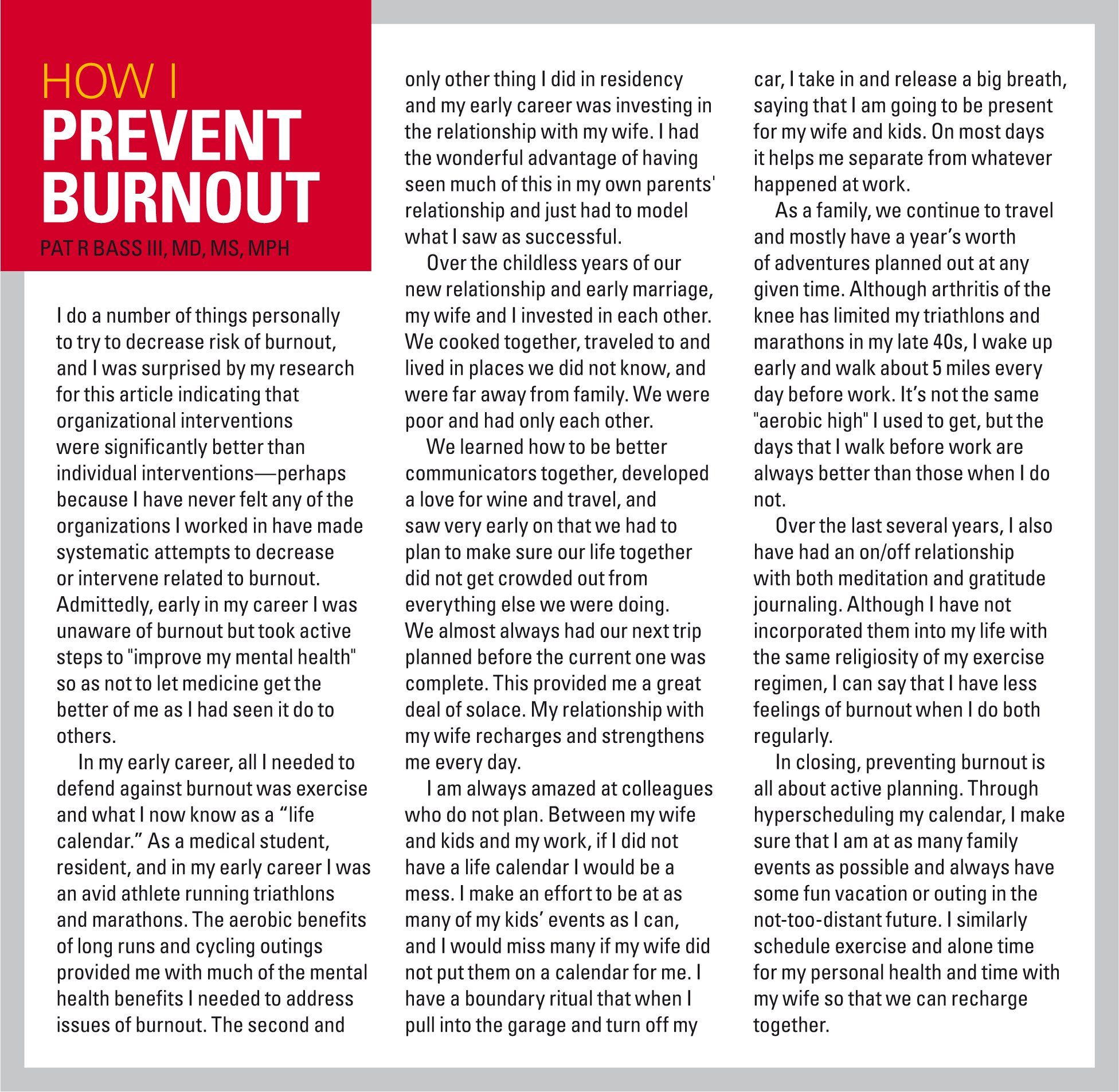 How I prevent burnout essay by Dr Pat R Bass III