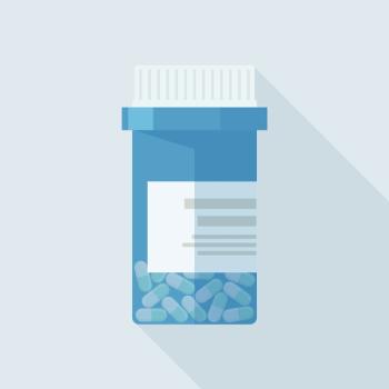 Illustration of a pill bottle with pills inside. 