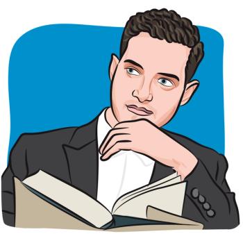Illustration of a man with brown hair reading a book.